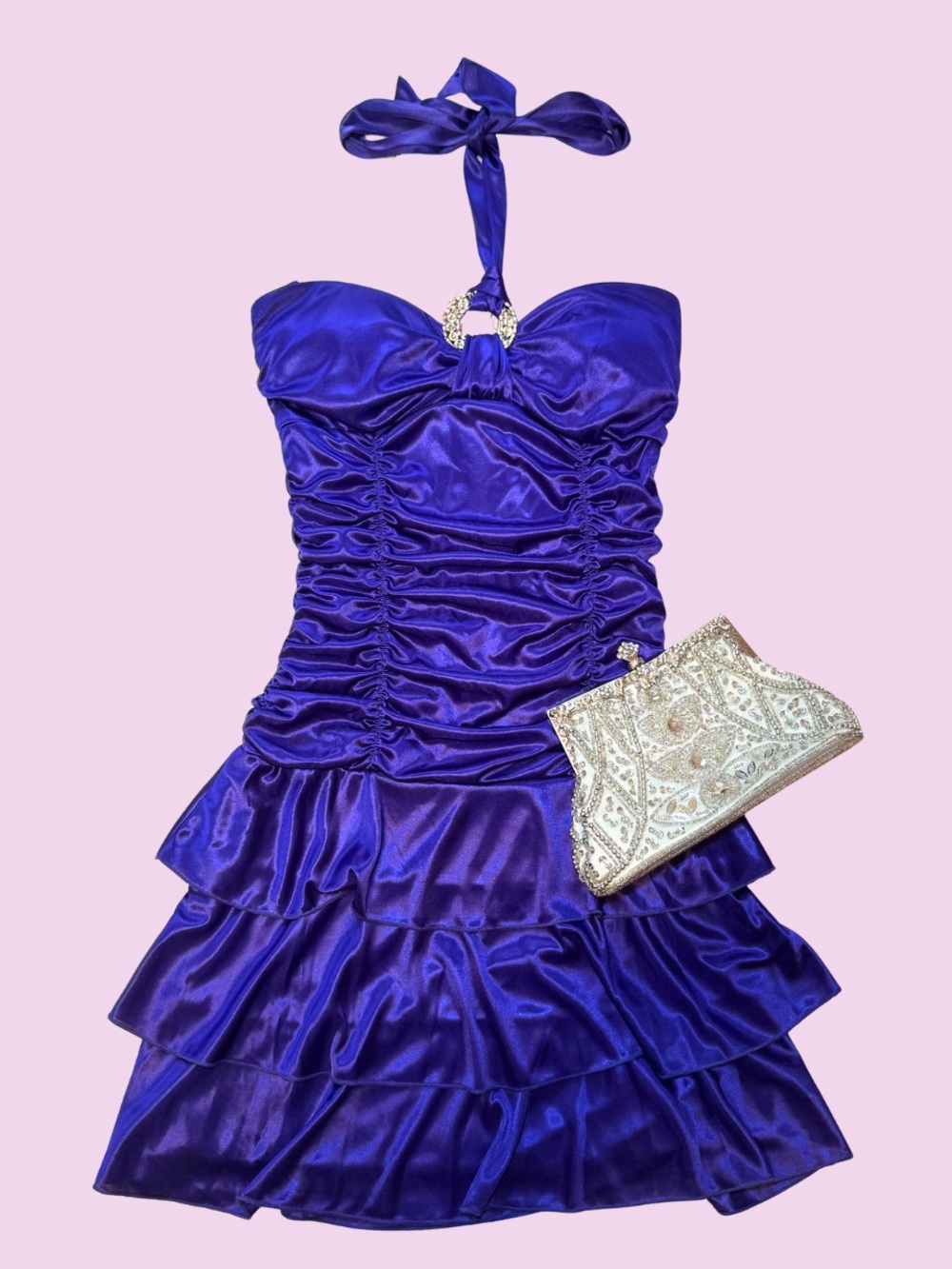 Homecoming ~ Purple Tiered Ruched Bodice Halter Formal Dress 🪩